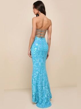 Lulu's Sequin Lace-Up Back Mermaid Gown in Turquoise Blue